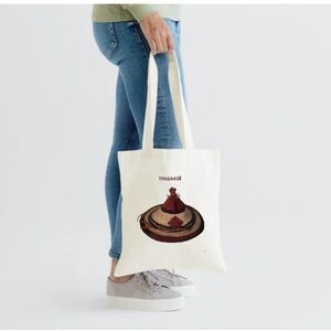 Cream Tote Bag with Red and Brown Design